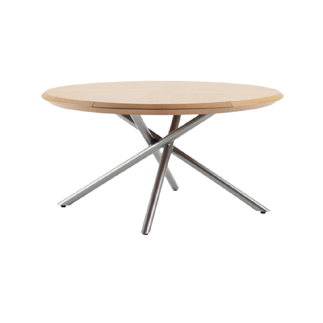 Modern Round Dining Table with Wooden Top and Crossed Metal Base